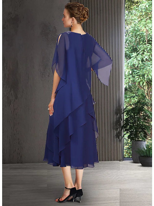 Luolandi A-Line Blue Mother of the Bride Dress Elegant Jewel Neck Tea Length Chiffon Half Sleeve with Cascading Ruffles Royal Blue